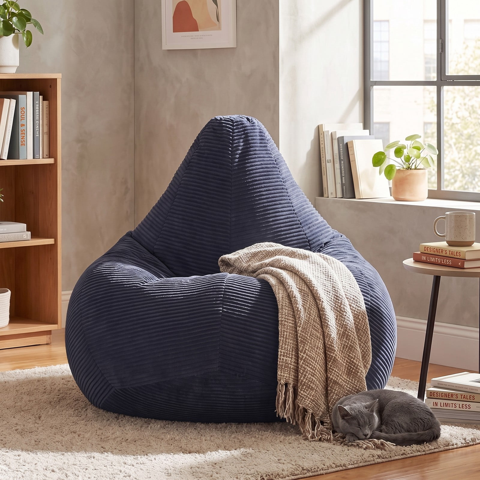 Furnibear Bean Bag Chair for Adults, Corduroy Lazy Lounger Accent Sofa with Soft Sponge Filling, Skin-Friendly Cover, Ergonomic Reading Gaming Seat for Living, Blue