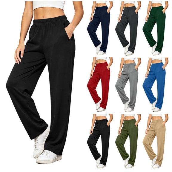 Crunowin Women’s Sweatpants Fall Casual Elastic Waist Full-Length Stright Leg Long Pants with Pockets Black Size L