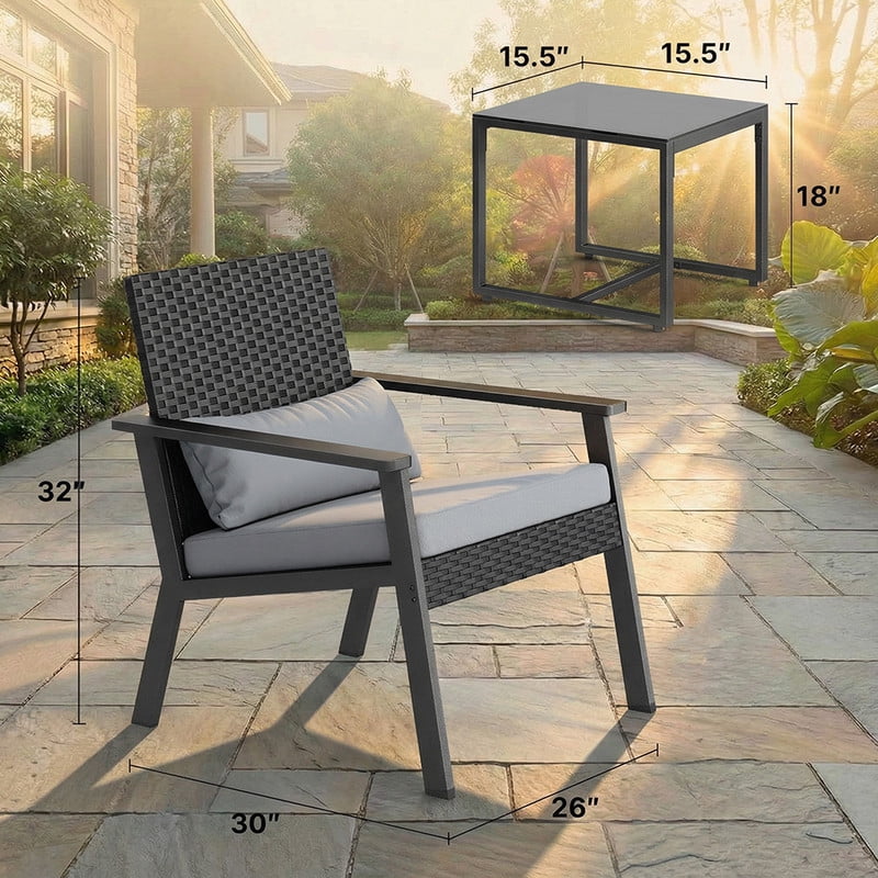 3-Piece Wicker Outdoor Patio Furniture Set with Glass Table, Ergonomic Chairs for Balcony, Porch, Garden & Poolside, Gray