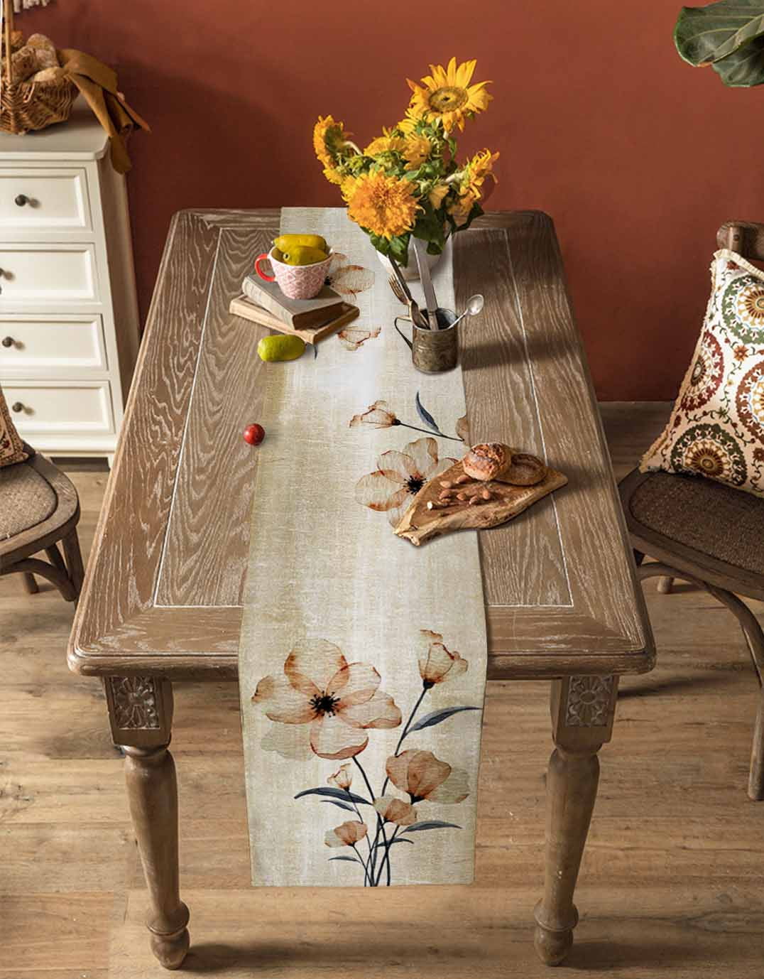 Table Runner Dresser Scarf 14 x 72 Inch Abstract Gradient Brown Flowers Floral Table Runners Non-Slip Heat Kitchen Dining Table Decor for Indoor Outdoor Home Party Decoration
