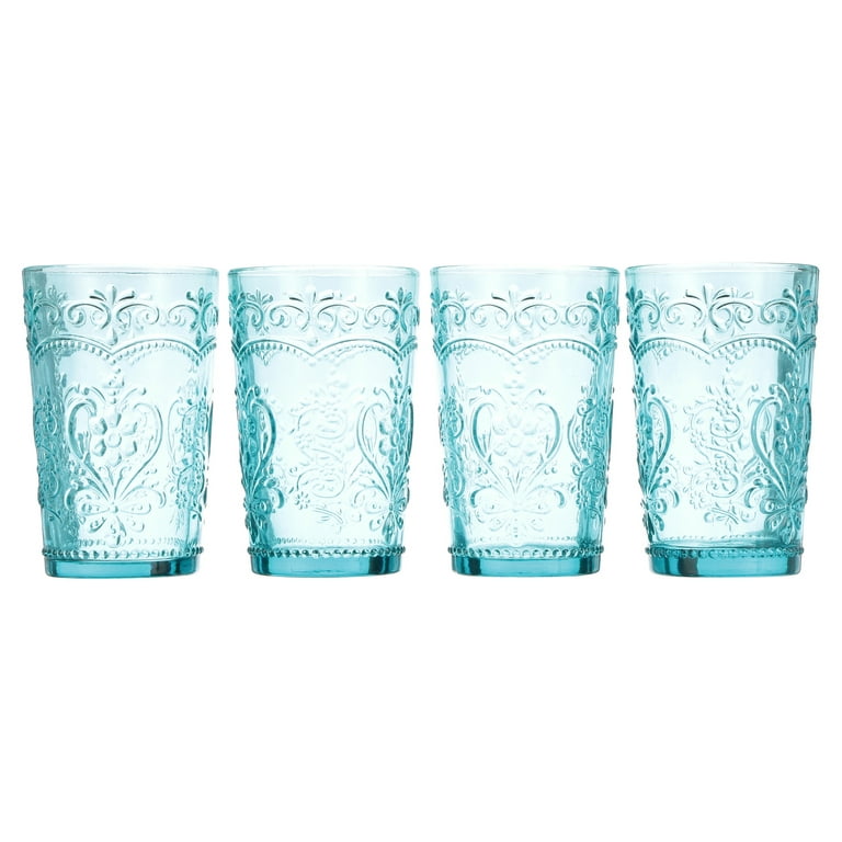 Teal 2 Piece Embossed Glass Bath Accessory Set, The Pioneer Woman Amelia, Size: Assorted(8.0 cm x 20.3 cm, 355 mL)TBH: 4.38 in W x 3.38 in D x 4.7 in
