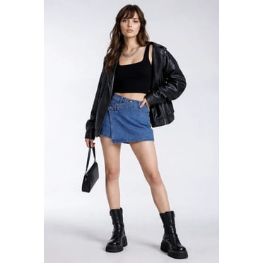 Forever 21 Denim Asymmetrical Skort, Color-Medium Denim, Size-S