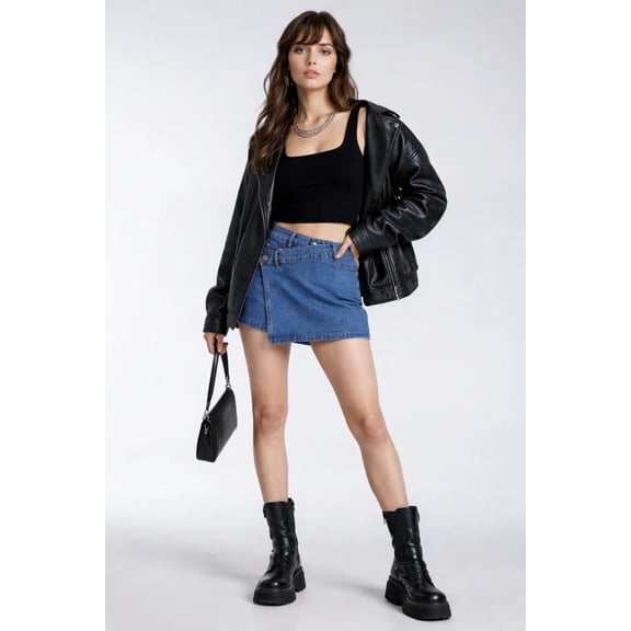 Forever 21 Denim Asymmetrical Skort, Color-Medium Denim, Size-S