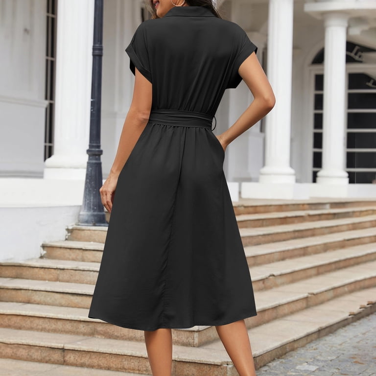 2025 Women Casual Midi Dresses Solid V Neck Short Sleeve Button Shirt  Belted Dress with Pockets for Summer - Walmart.com