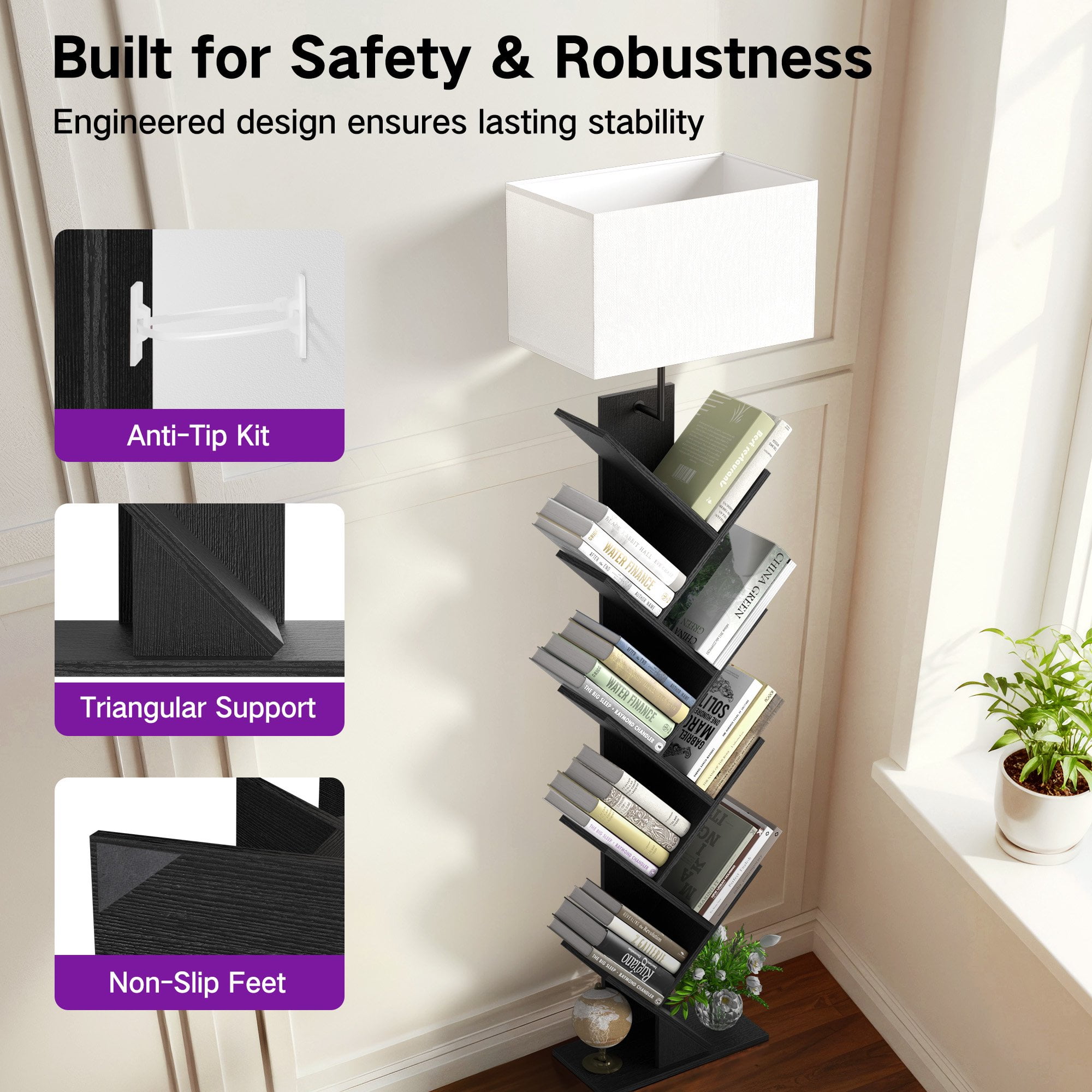 OUTONLIFE Floor Lamp with Shelves,Tree Bookcase with Light, 9-Tier Floor Standing Bookshelf for Living Room Bedroom, Office,Black