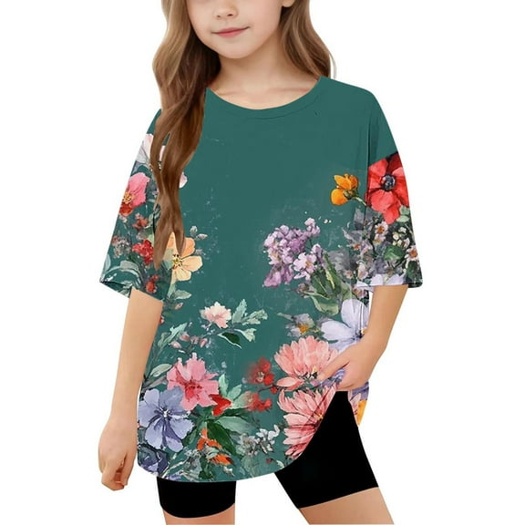 Spazoro Toddler Girls T-shirts, Casual Summer Crewneck Floral Print Short Sleeve Tops Tee Multicolor Size 8 T