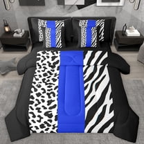Castle Fairy Boys Girls Animal Zebra Leopard Print Bedding Comforter Set 7 Pieces,Abstract Geometric Stripes Full Bedding Set Lightweight,Black Blue Fitted Sheet Flat Sheet,Breathable Home Decor