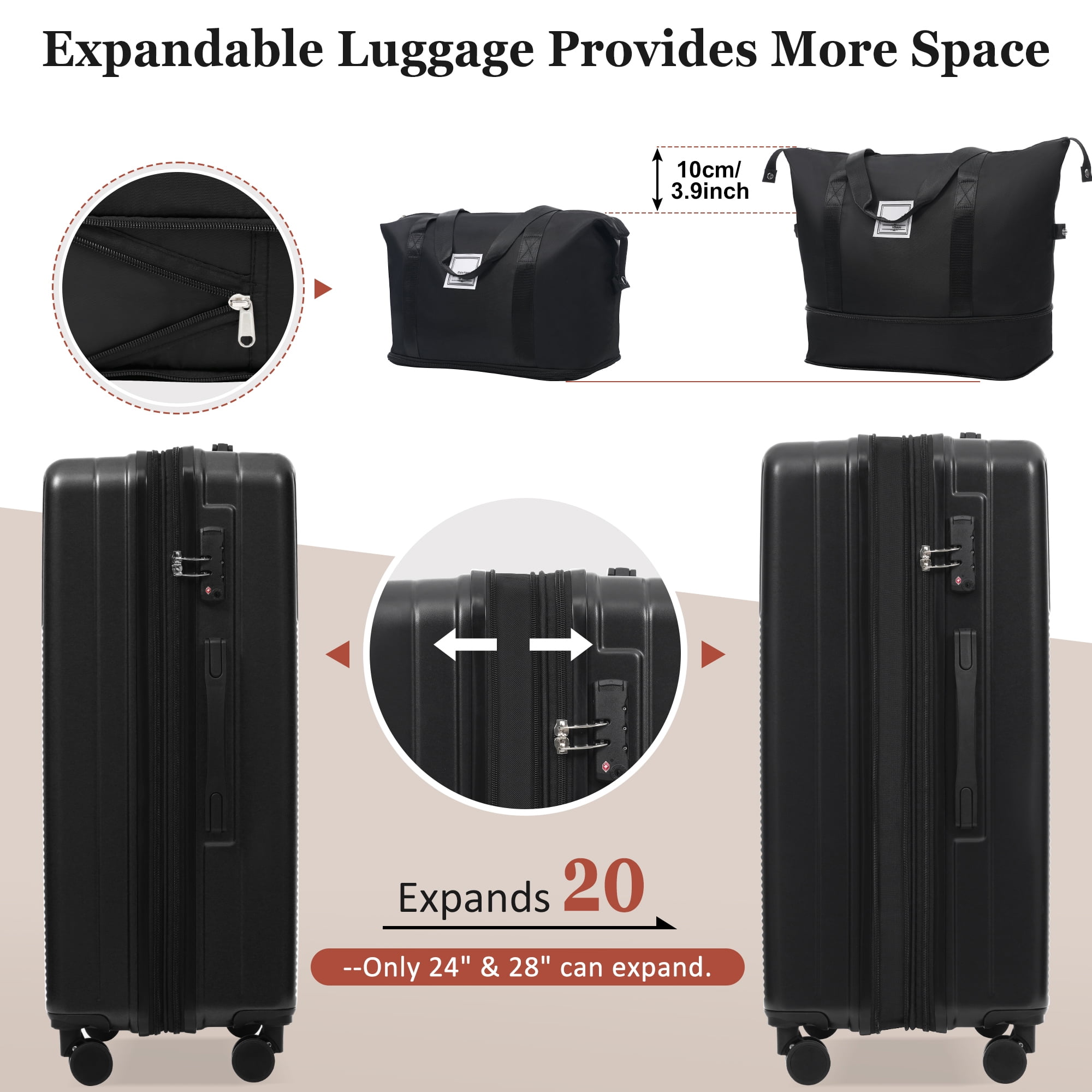 Luggage Sets 5 Piece with Half-opening, Hardside Carry On Suitcase Set with Double Spinner Wheel, Lightweight Travel Luggage with USB Port, TSA Locks