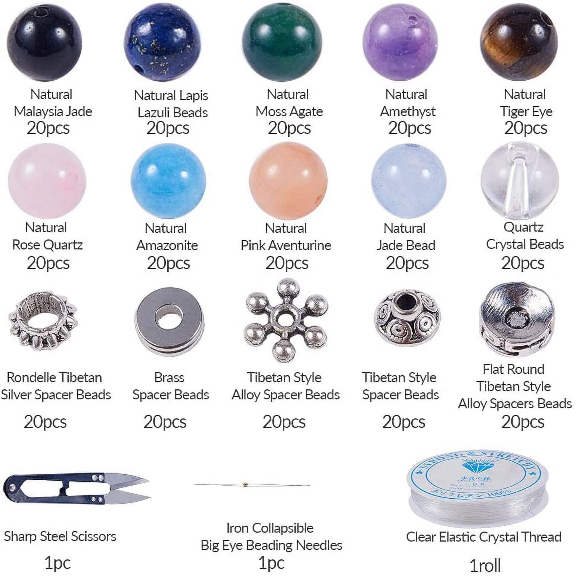 1 Box 200Pcs 10 Styles Gemstone Round Loose Beads with 100Pcs 5 Styles Bicone Spacer Beads Beading Needles Scissors Thread for DIY Bracelet Jewelry Making Supplies Craft Mixed Color Mixed Color