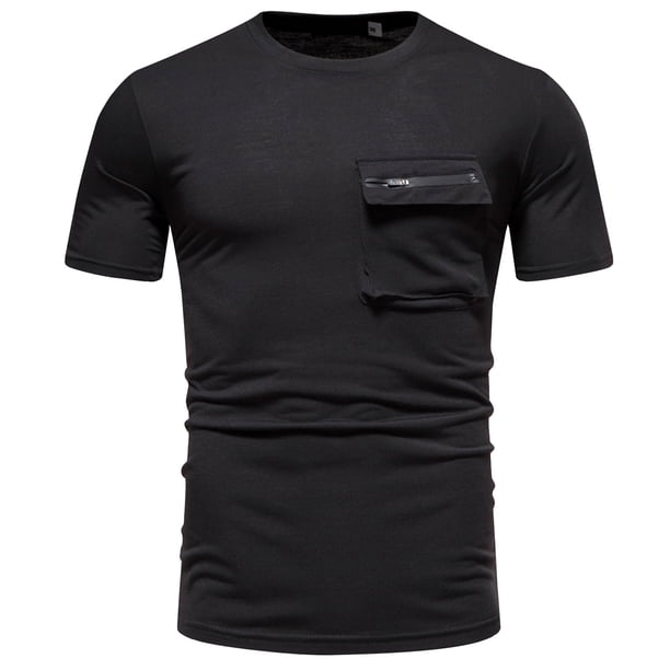 Camisas de Manga Corta de los Hombres de Verano de Color Sólido de Encaje Delgado Bolsillo de Manga Corta Camisas de Cuello Redondo