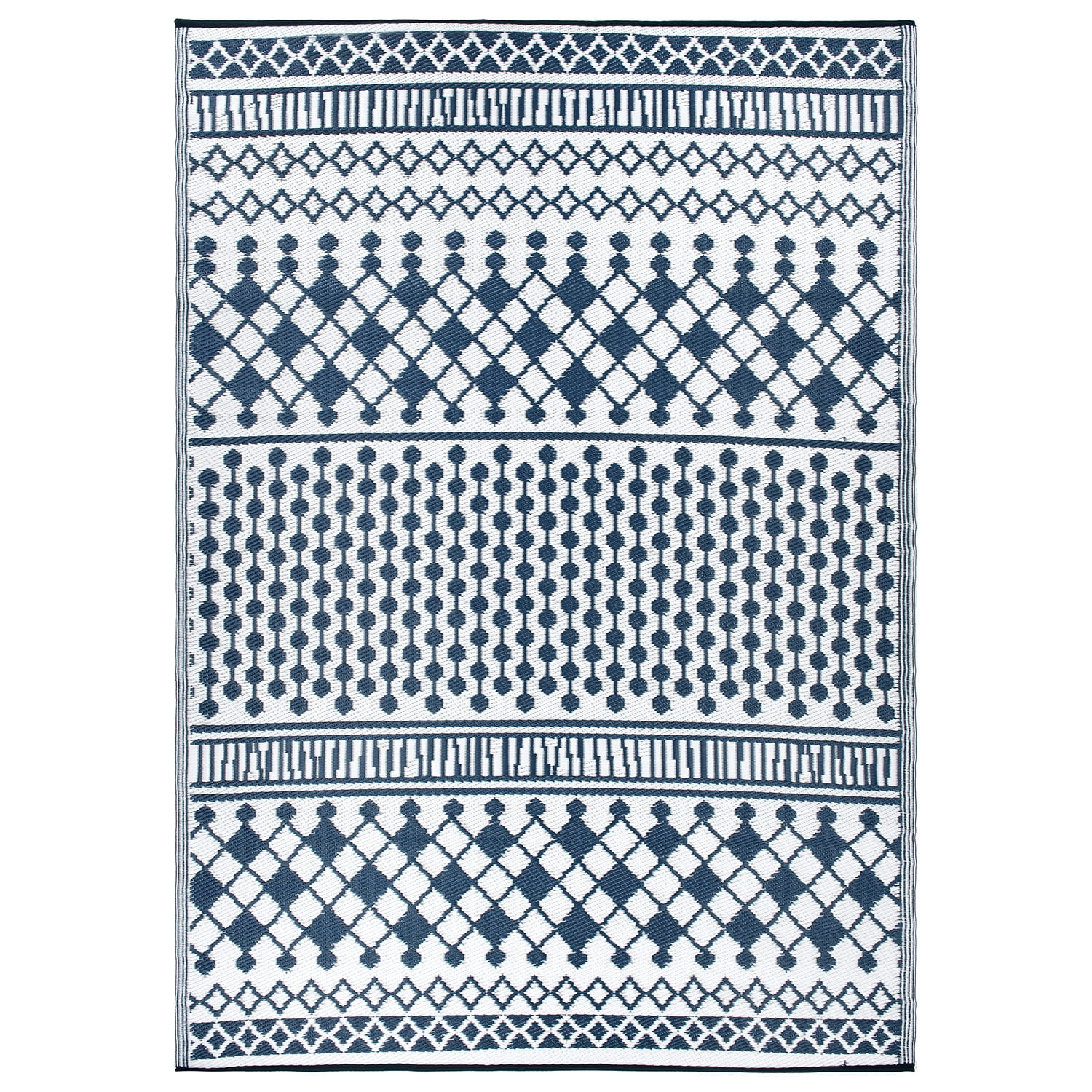 World Rug Gallery Contemporary Bohemian Geometric Reversible Recycled Plastic Outdoor Picnic Mat, Camping Rug, RV Rug - NAVY 5'x7'
