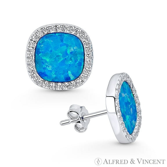 Pacific-Blue Lab-Opal & CZ Crystal Halo Stud Earrings in .925 Sterling Silver