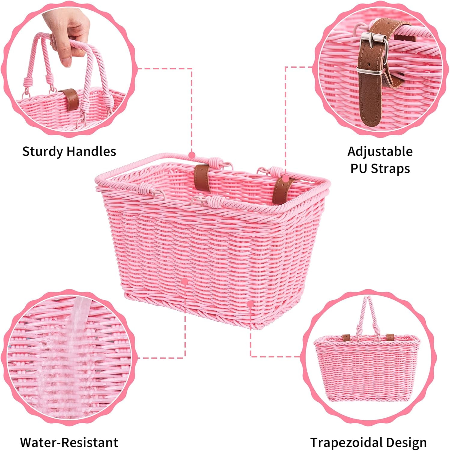 GRANNY SAYS Kids Bike Basket, Front Bicycle Baskets for Kids, Small Wicker Bike Basket for Boys and Girls, Pink