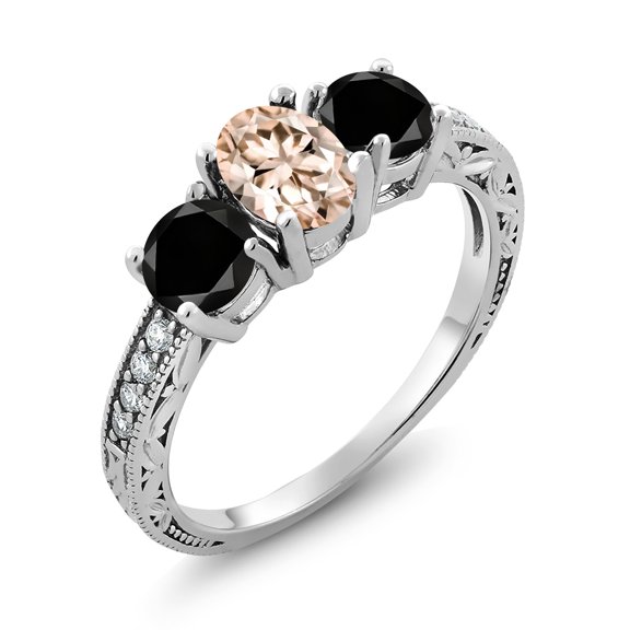 Gem Stone King 1.87 Ct Oval Peach Morganite Black Diamond 925 Sterling Silver Moissanite Ring (Size 9)