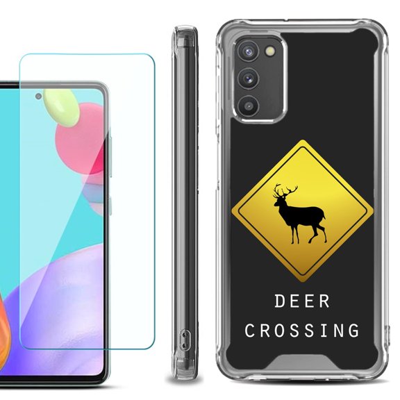 Shockproof Bumper Phone Case for Samsung Galaxy A02s, with Tempered Glass Screen Protector, by OneToughShield ® - Road Sign Deer