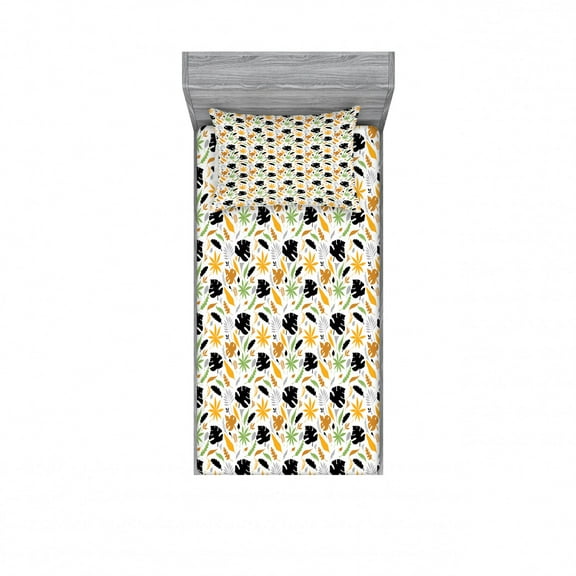 Leaves Bedding Set with Sheet & Covers, Hand-Drawn Silhouettes of Tropical Foliage Botany Ecology Themes with Modern Design, Printed Bedroom Decor 2 Shams, 4 Sizes, Multicolor, by Ambesonne