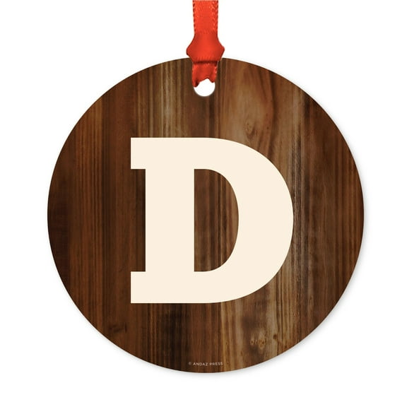 Metal Christmas Ornament, Monogram Letter D, Rustic Wood, Includes Ribbon and Gift Bag
