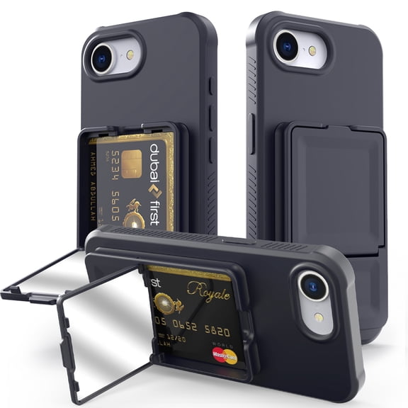 Decase Compatible with Apple iPhone 16E Case with Card Holder & Mirror, Military Grade Protection Hard Wallet Phone Case with Kickstand Cover fits for iPhone 16E,Shockproof Protection Cover,Black