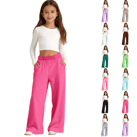 Uncuffed Sweatpants Girls Wide Leg Elastic High Waisted Loose Baggy Pants with Pockets Hot Pink 2-3Y