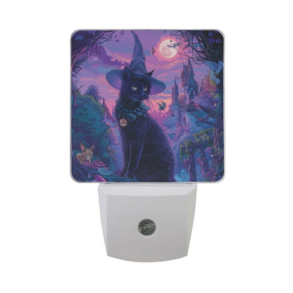 Black Cat with Wizard Hat Night Light 2 Pack LED Nightlight Plug into Wall Dusk to Dawn Sensor Soft White