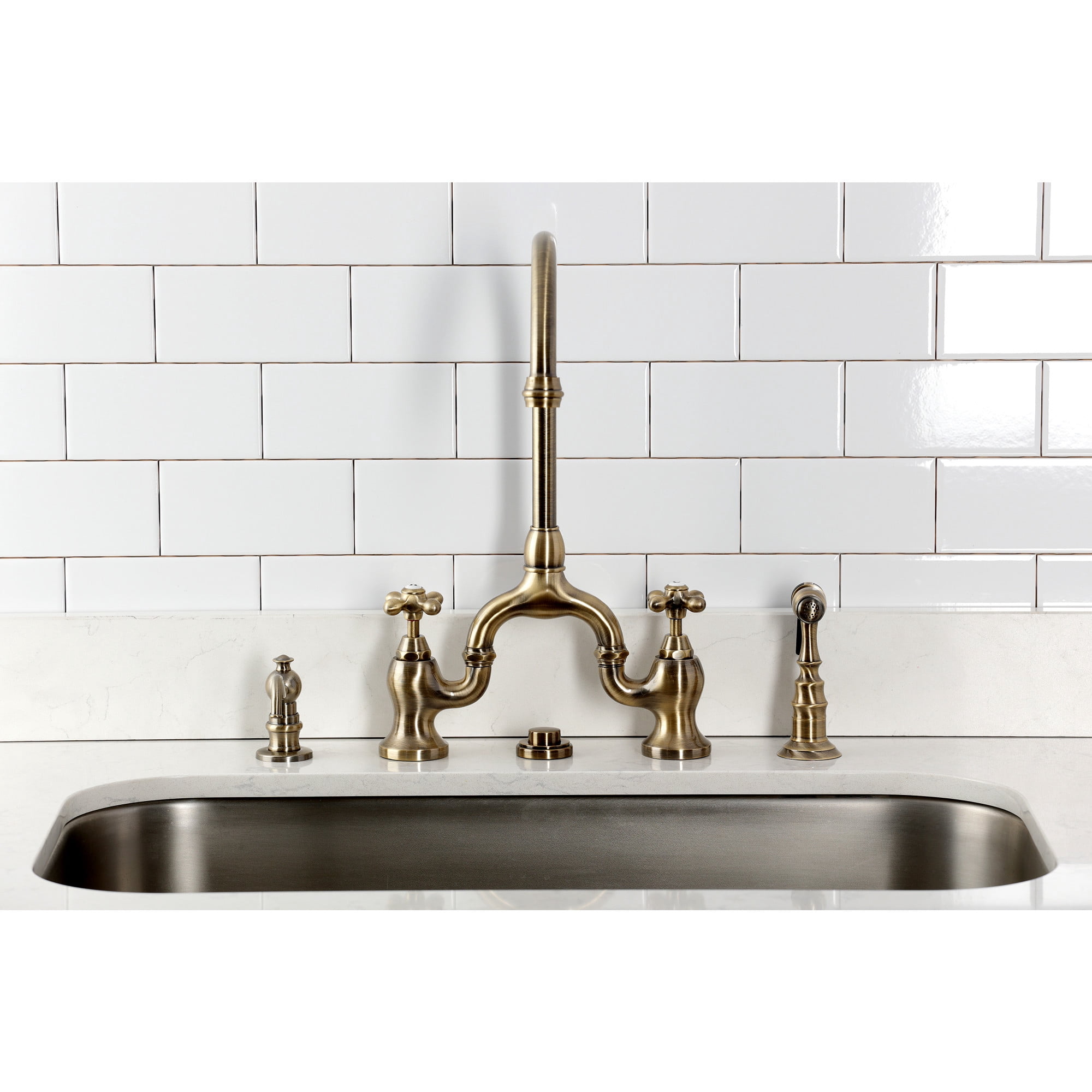 Kingston Brass KS7793AXBS English Country Bridge Kitchen Faucet with Brass Side Sprayer, Antique Brass