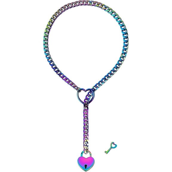 Womens Slip Chain Necklace Heart O-Ring, Punk Rock Cuban Long Necklace Jewelry For Women, Adjustable Lariat Y-Necklace Heart Locker With Key[o2455]