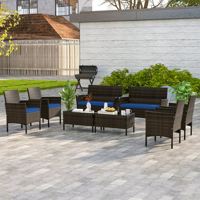 Costway 8 PCS Patio Furniture Set with Washable Cushions and Tempered Glass Coffee Table Navy