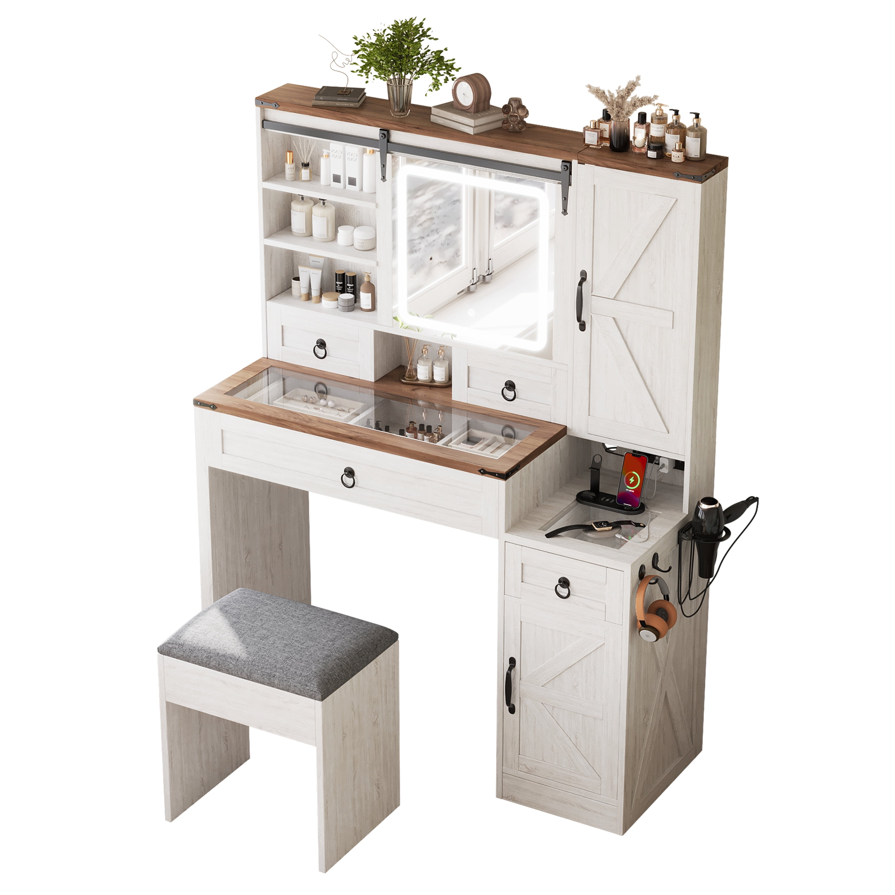 Yoneston Farmhouse Power Outlet Vanity Set with Sliding LED Mirror, Dressing Table with 4 Drawers and 2 Cabinets & Stool, Makeup Vanity Desk with Hooks & Hair Dryer Stand for Bedroom, White