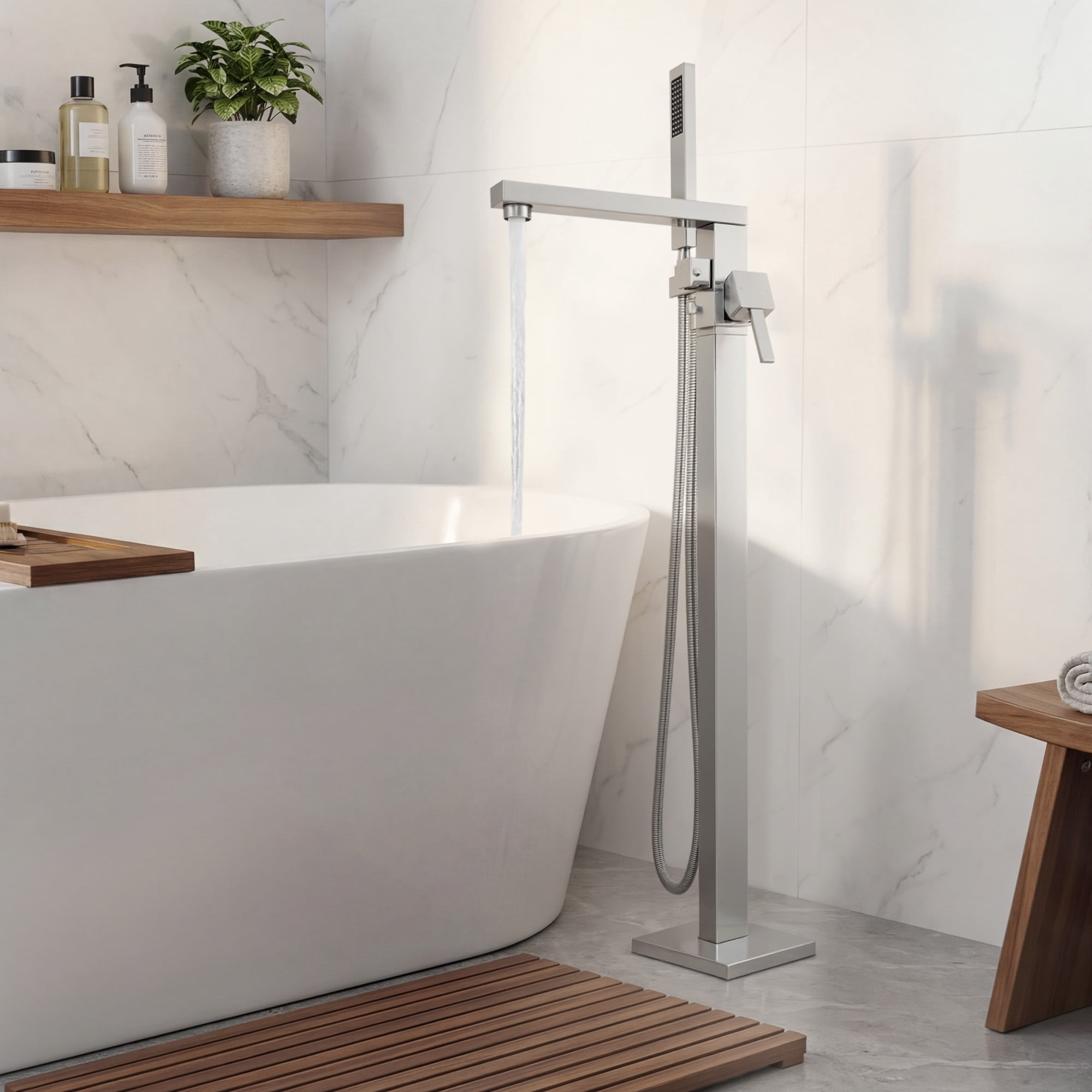 Free Standing Tub Faucet, 360°Swivel High Flow Freestanding Bathtub Faucet with Handheld Shower, Brass Body Tub Filler for Modern Bathroom, Chrome