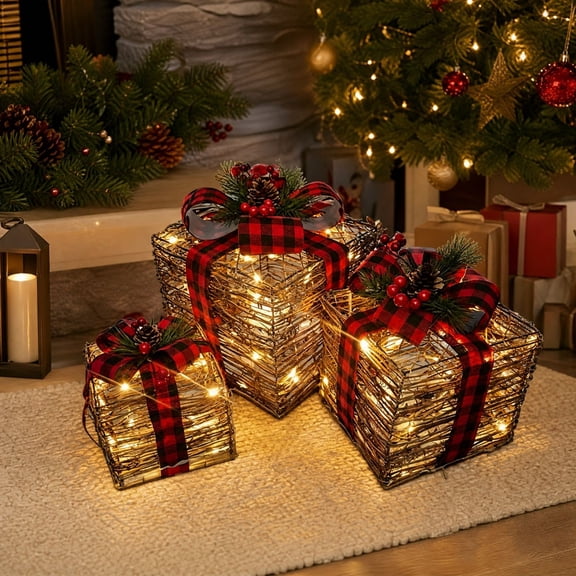 Rysoverian Christmas Decorations Set of 3 Lighted Rattan Gift Boxes Woven Present Box with Plaid Bow Berry for Xmas Tree Home Holiday