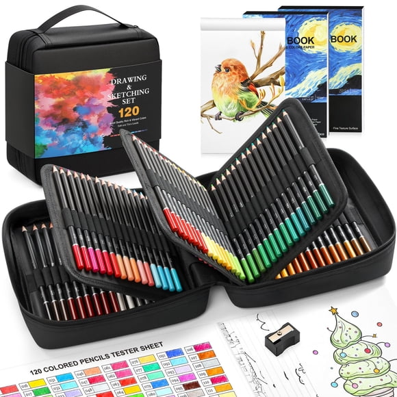 Lápices de colores COOL BANK, paquete de 120 con cuaderno de bocetos y estuche