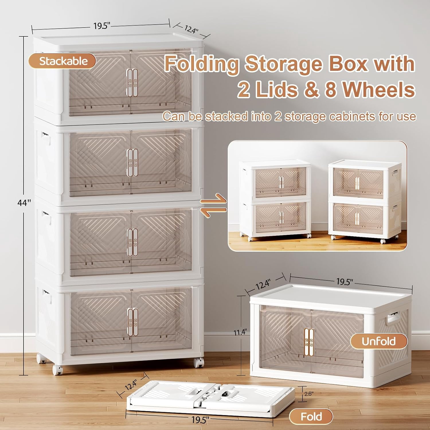 Storage Bins with Lid 4 Pack 48QT,Stackable Storage Containers with Wheels and Magnetic Doors, Plastic Clothes Closet Organizers and Storage Box for Home and Office