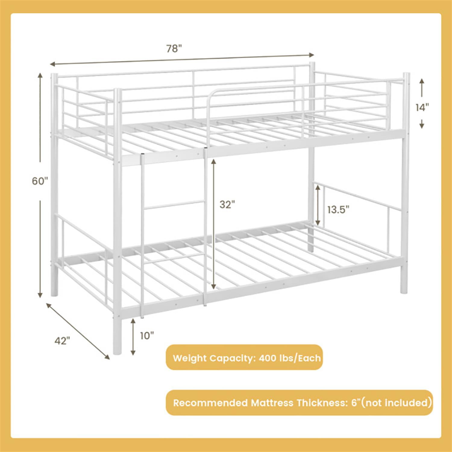 Demi Bonn Metal Bunk Bed Frame Twin Over Twin with Ladder and Full-length Guardrails, Heavy Duty Metal Bed Frame, White