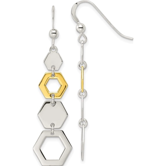 Sterling Silver Gold-Tone Hexagon Dangle Earrings (50.11 X 12.65) Made In India qe16100