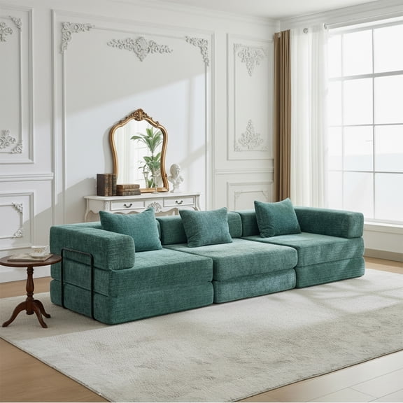 118" Convertible Sofa Bed with Fixed-Shape Frame, Boneless Modular Sectional Sofa, Chenille Couches for Living Room, Dark Green