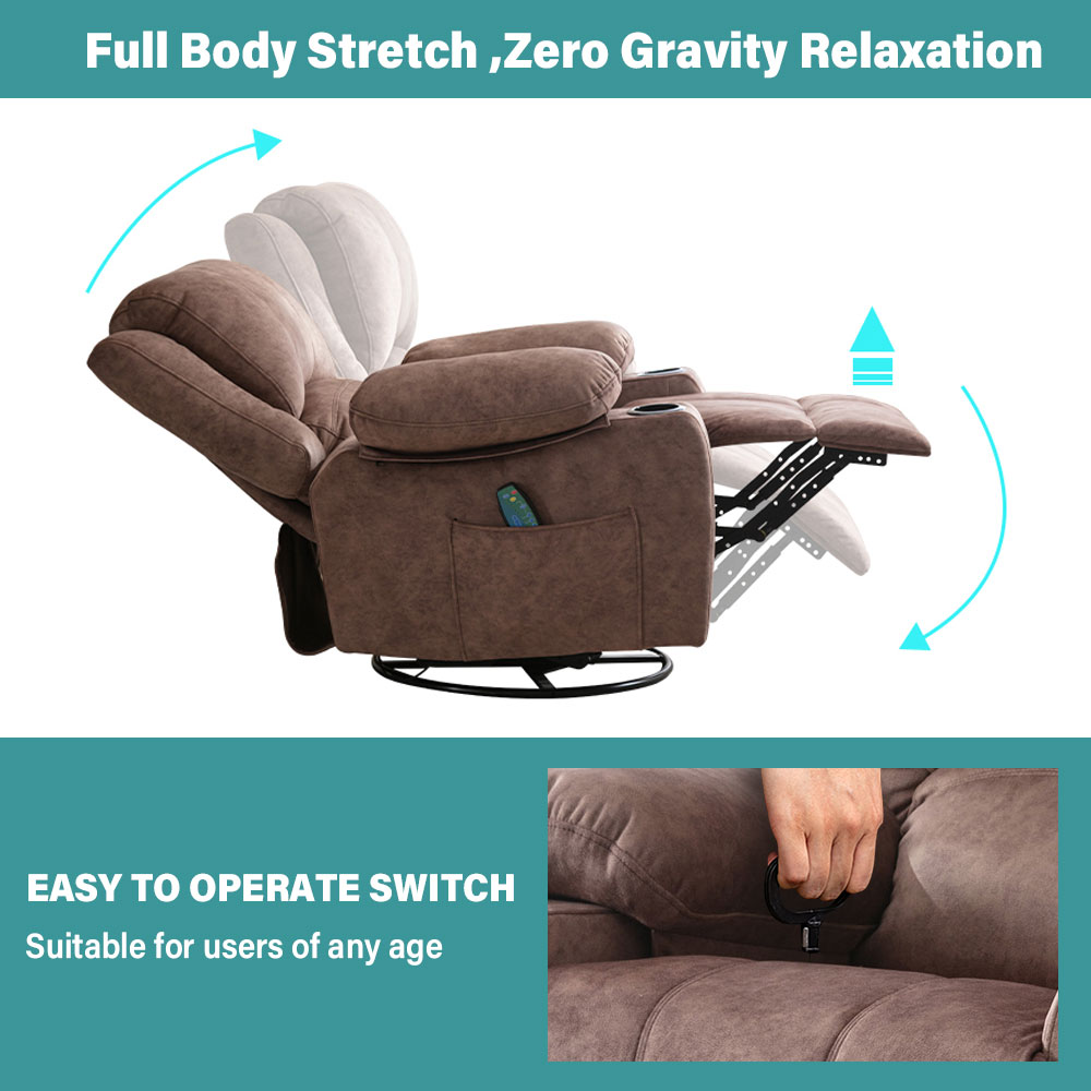 JONPONY Kneading Massage Rocker Recliner Chair with 4-Point 3D Kneading Massage and Heat Ergonomic Lounge Chair for Living Room with Rocking Function and 2 Cup Holders, USB Charge Port,Brown