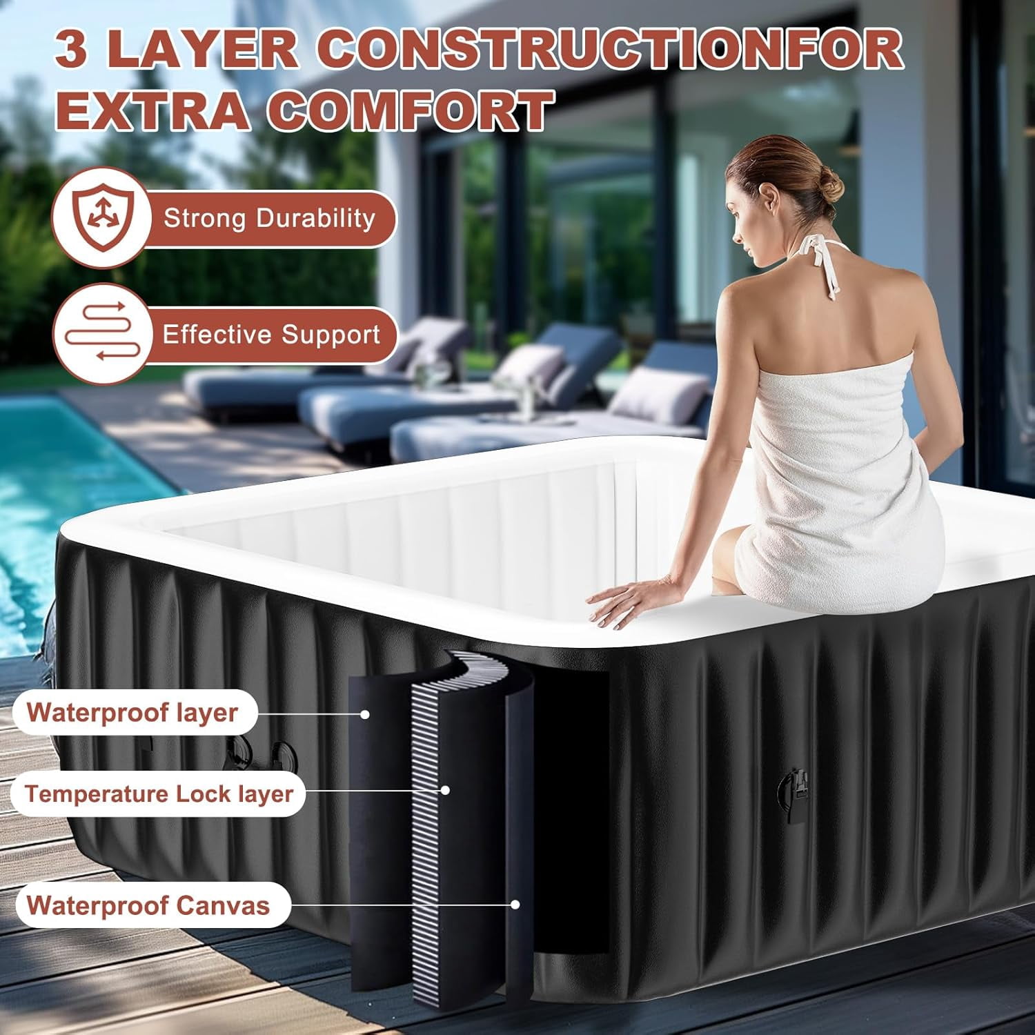 MOPHOTO 2-4 Person Inflatable Hot Tub Square Portable Blow up Hot Tub Leak-Proof PVC Outdoor Spa with 120 Air Jets Insulated Cover Heater Pump(60"*60"*25")