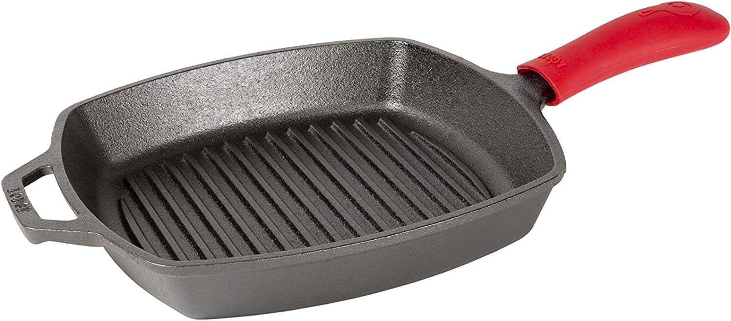 Cast Iron Square Grill Pan with Red Silicone Hot Handle Holder, Pre-Seasoned, 10.5-inch