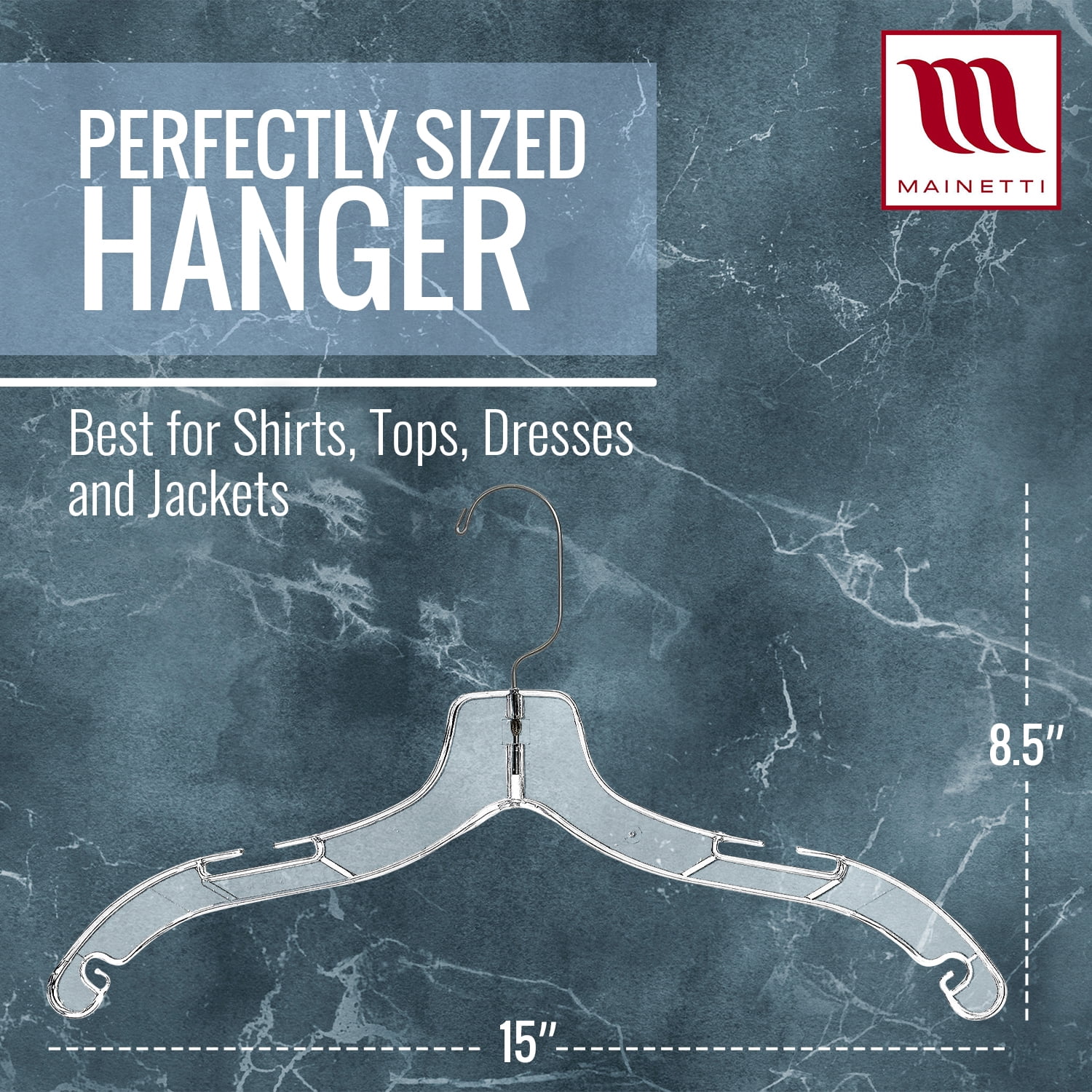 Mainetti Clear Plastic Clothes Hangers 100 Pack | 17-Inch Space Saving Hangers with 360 Swivel Metal Hook & Notches for Straps | Closet Hangers Ideal for Shirts, Tops, Dresses and Jackets (5400SCR)