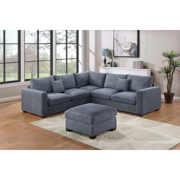 Poundex 4 Piece Sectional Set in Corduroy Dark Gray with Ottoman