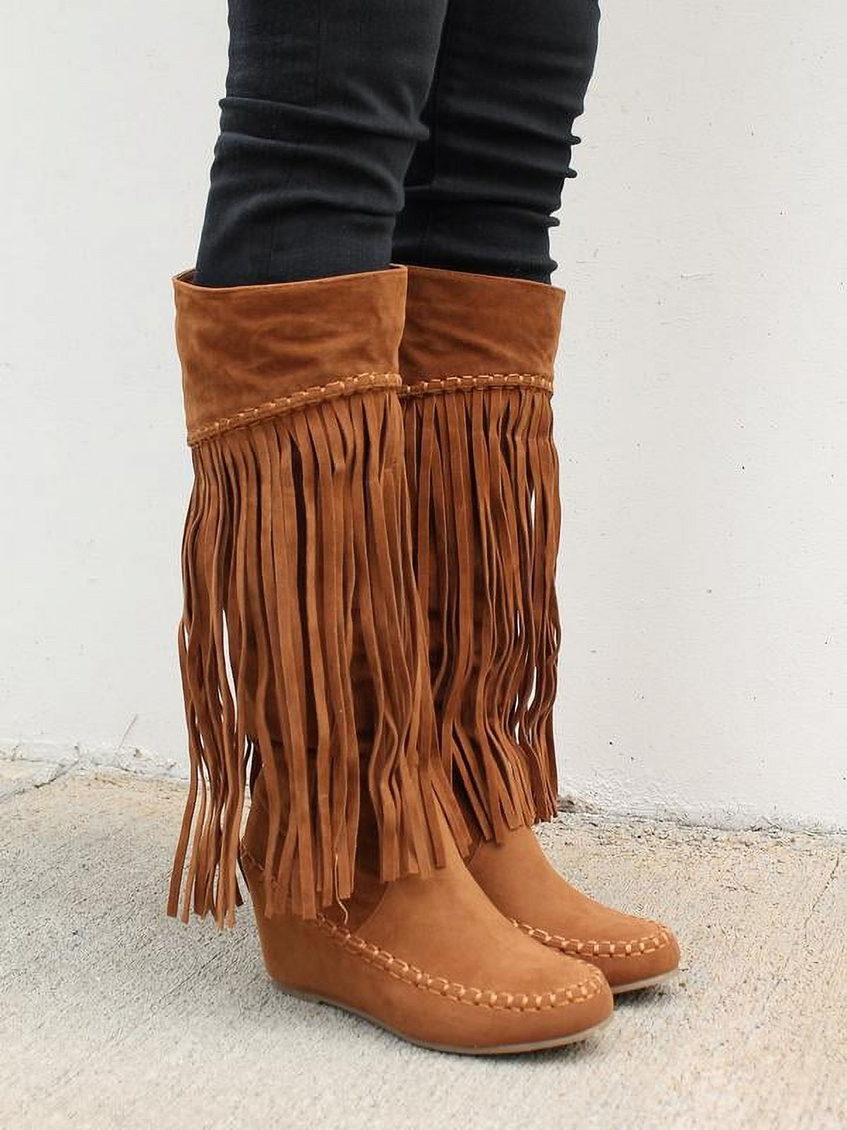 Nature Breeze Fringe Women s Moccasin Boots in Tan Walmart