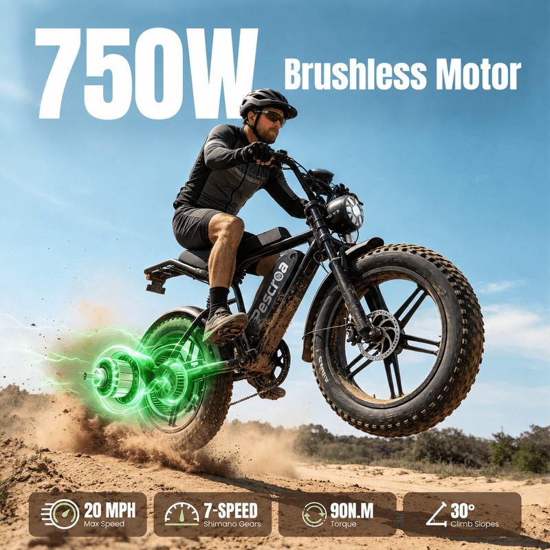 Pescroa Electric Bike for Adults, 750W Motor, 20"x4" Fat Tire, 28MPH Pedal-Assist Mode, E Mountain Bike, 48V/15AH , Tested to UL2849 Standard by SGS