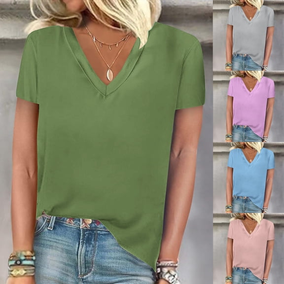 HAPIMO Women's Trendy Loose Basic Tops Tunic Summer Tees Short Sleeve V Neck Pullover Elegant Casual Relaxed Blouses for Teen Girls Solid Color Army Green XL