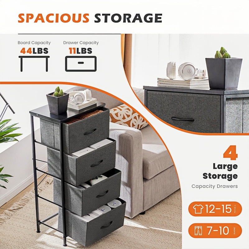 Kelno 4 Drawers Fabric Dresser Tall Chest of Drawers with Steel Frame Wood Top, Gray