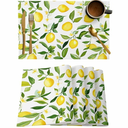 

Summer Lemon Green Leaves Watercolor Placemats Set of 4 Wipeable Washable Table Mats for Dining Tables Flower Seamless Place Mats for Kitchen Event Party Tabletop Decor