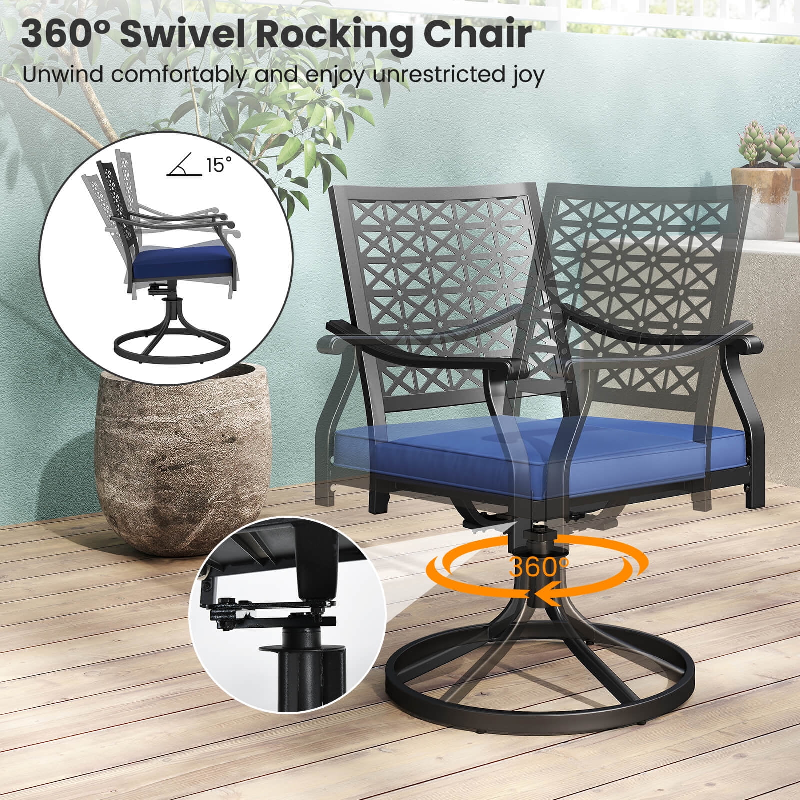 Costway 4 PCS Outdoor Swivel Chairs Patio Dining Chairs with Padded Cushions High Back Navy