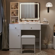 Haewon 35 Vanity Desk with Mirror, LED Light, Power Outlet, Makeup Vanity with Storage Cabinet and Foldable Panel, Vanity Set with Cushioned Stool, White