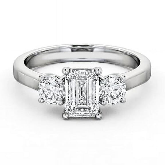 Nerra Jewel 14K White Gold Plated Wedding Anniversary Ring - Excellent 2.2 Ct Emerald Cut Lab Created Simulated Diamond Ring - 3 Stone Engagement Wedding Ring for Women's - Birthday Gift for Hers