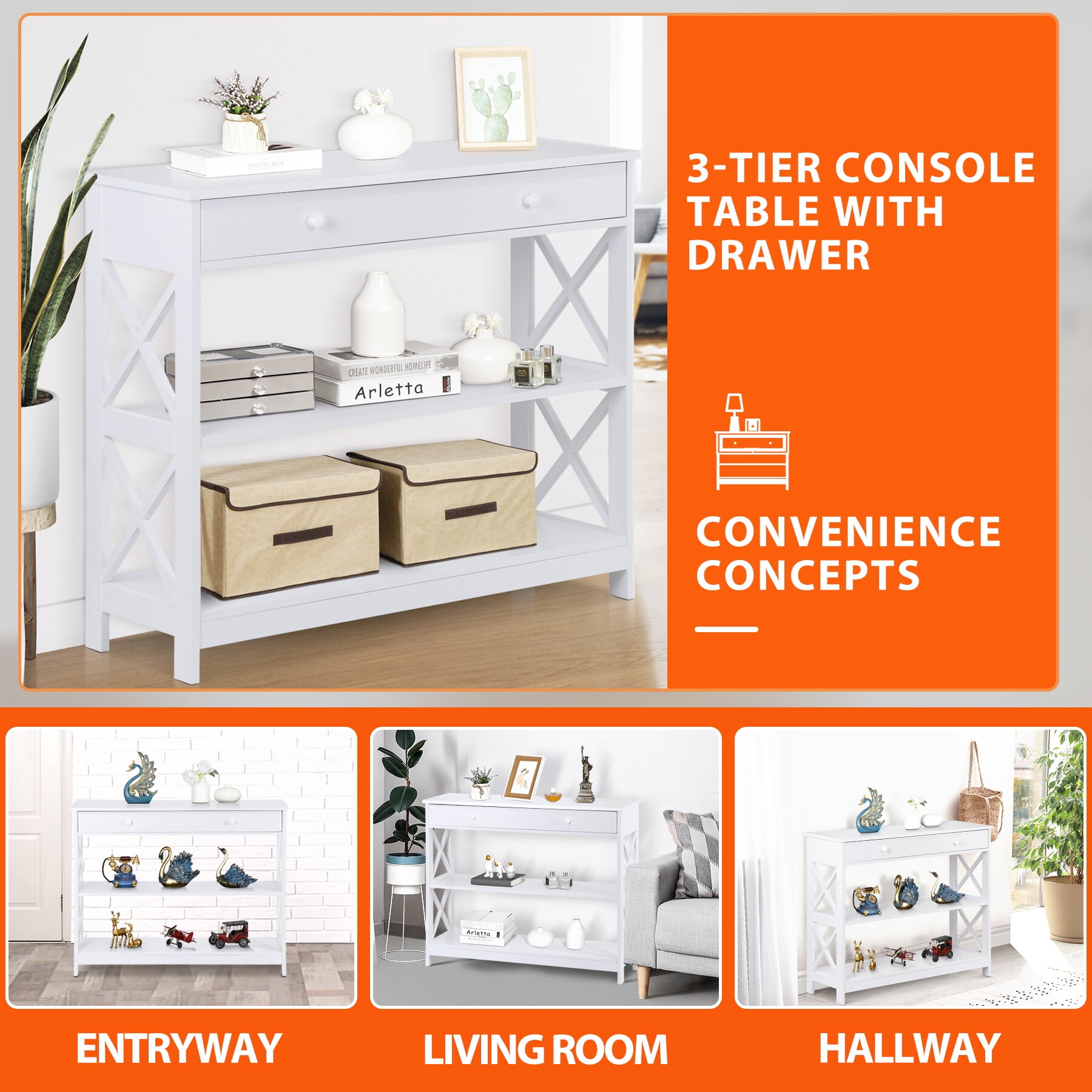 ZENSTYLE End Table Sofa Side Storage Shelf Living Room Bedroom Furniture 3 Tier X-Design White