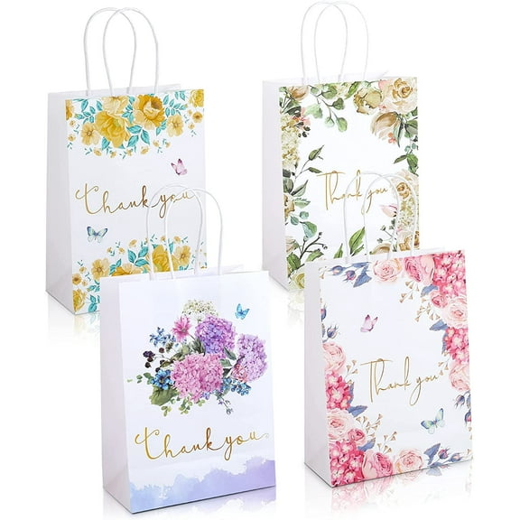 12 Pack Small Kraft Paper Gift Bags with Handles, Floral Thank You Bag for Small Business,Wedding Party Favors,Baby Shower